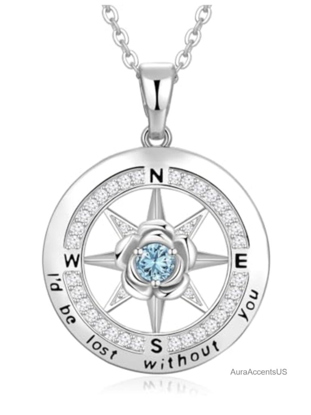 Compass Necklace 925 Sterling Silver 18K White Gold Plated CZ Pendant